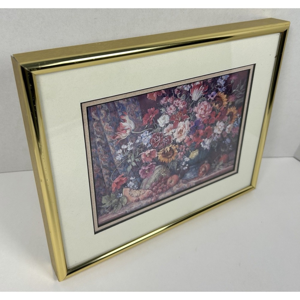 Vintage Barbara Mock Framed Print Flowers In Vase & Fruit Professionally Framed